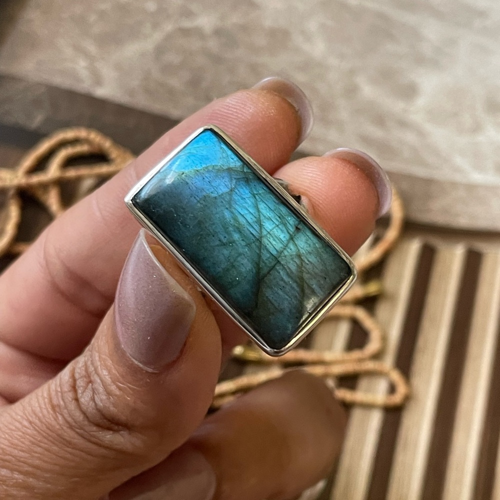 “BOHO” 925 Sterling Silver Natural Labradorite Statement Ring adjustable OS